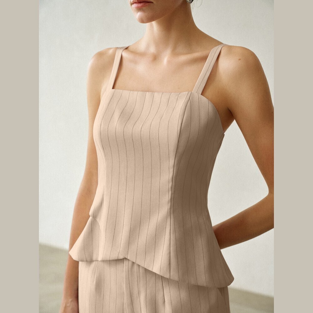 Tan Pinstripe Square Neck Asymmetric Hem Tulip Camisole Top